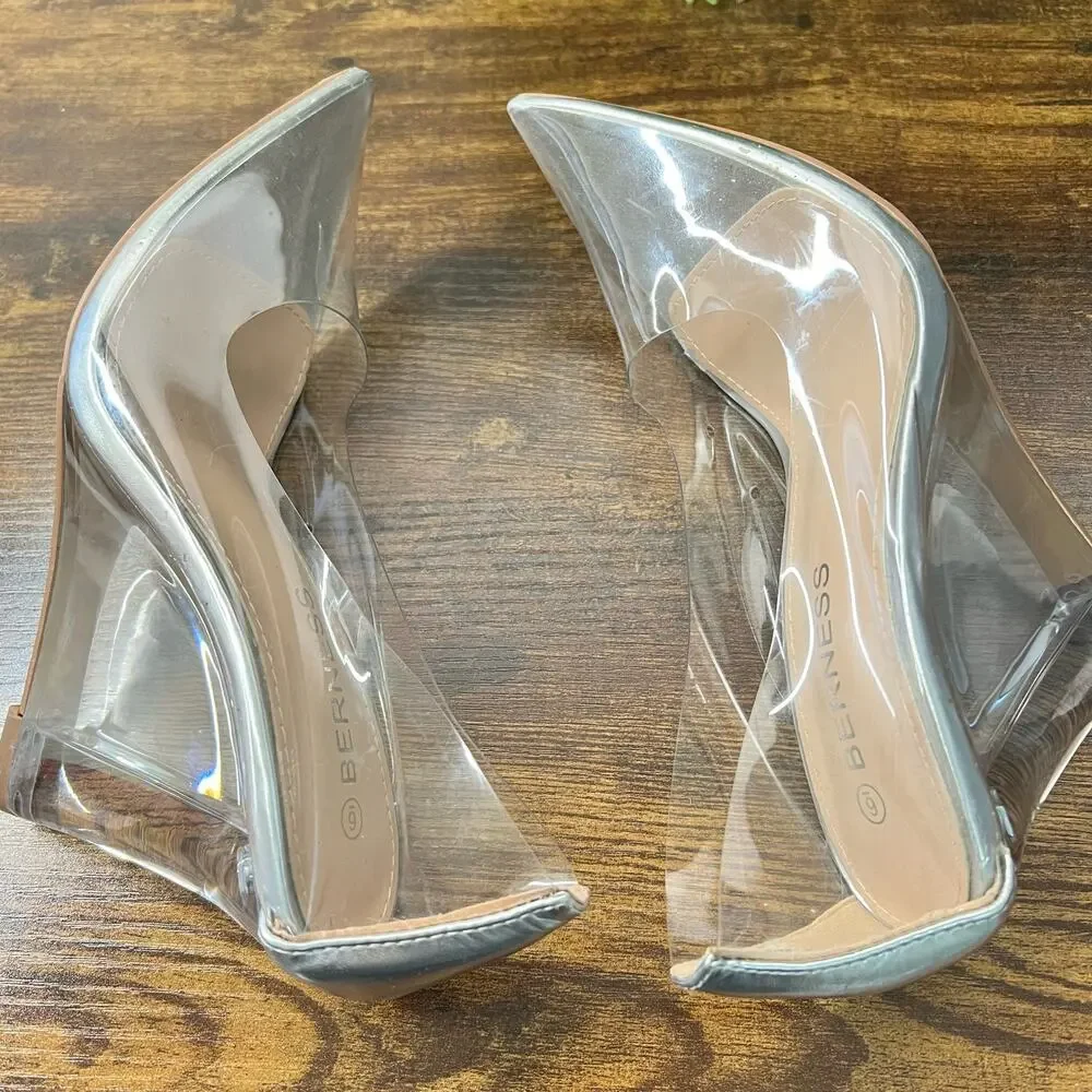 Berness Clare Clear Wedge Pumps 6 Party Pointed Toe Silver Slip On Going Out